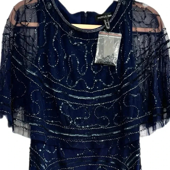 NWT Adrianna Papell Sparkle Beaded Mesh Popover Dress Cocktail Evening Navy Sz 4 - Picture 5 of 11
